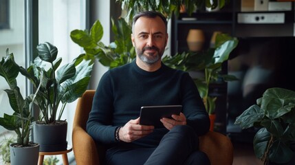 Poster - A man dressed in a casual black sweater relaxes in a stylish living area filled with lush indoor plants, focused on his tablet. The natural light brightens the contemporary setting.