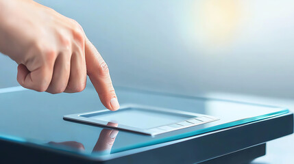 Poster - A hand pressing a touch screen, illustrating modern technology and digital interaction in everyday life.