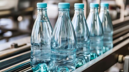 Poster - Modern beverage factory interior with water pet bottles on a belt conveyor