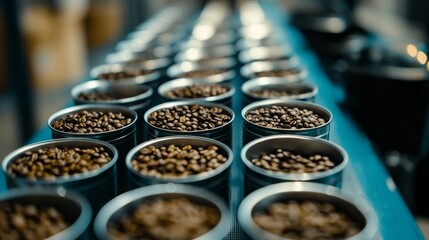 Poster - Background: Production line of canned pet food for dogs and cats, Food factory, Natural light day.