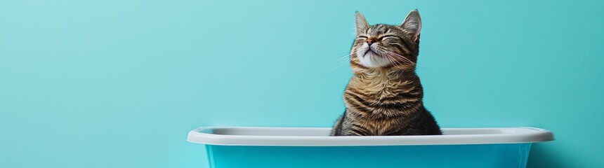 The illustration shows a cat using a self-cleaning litter box, a pet hygiene product, pastel colors, isolated on white