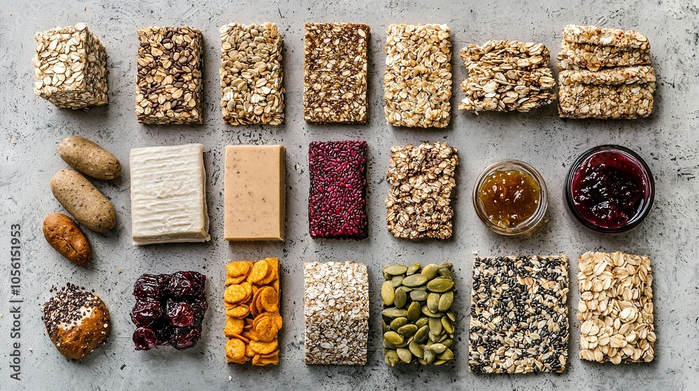 Multuple Foods Multiple types of foods on table including nuts, seeds, granola, peanut ...