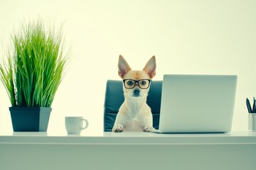 In the office, this cute happy young dog is working on a laptop. There are pets inside. A table with a mobile phone, tablet, and a plant is on top of the desk