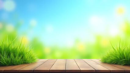 Poster - Fresh green grass meets a bright blue sky with a wooden table under a serene and natural spring garden backdrop for product display.