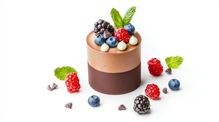 A delicious chocolate dessert topped with fresh berries and mint leaves, perfect for any sweet tooth craving.