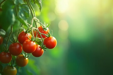 Freshly ripening tomatoes on the vine in a lush garden during the summer season showcasing vibrant red colors