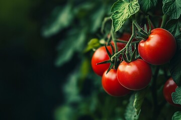 Freshly ripening tomatoes on the vine in a lush garden during the summer season showcasing vibrant red colors