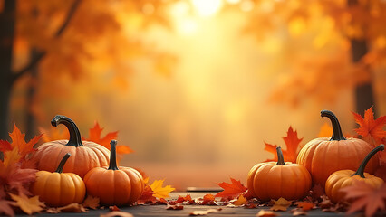 Poster - Dry leaves and pumpkins create autumnal backdrop with light colors for a festive Thanksgiving decor using generative AI techniques instantly.