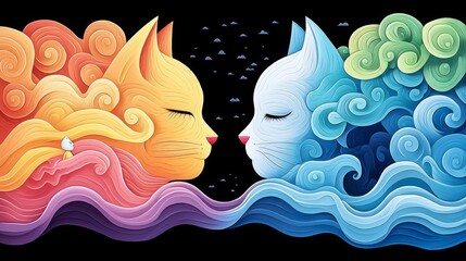 A vibrant illustration of two colorful cat faces merging with stylized waves and clouds, showcasing harmony and creativity.