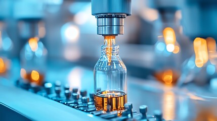 A close-up of a bottle being filled with liquid in a modern industrial setting, showcasing advanced manufacturing technology.