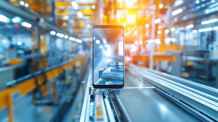 Poster - A smartphone rests on a conveyor belt in a modern factory, showcasing advanced technology in a dynamic manufacturing environment.