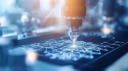 Poster - Close-up view of a laser cutting machine engraving a pattern on material in a modern industrial setting with precision technology.