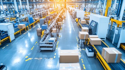 Poster - Aerial view of a modern warehouse with automated conveyor systems and packages being processed efficiently under bright lighting.