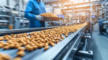 Poster - An industrial workspace featuring a conveyor belt with rows of orange balls, highlighting modern manufacturing processes.