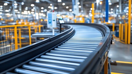 Poster - A modern conveyor system in a warehouse, showcasing efficiency and automation in material handling and distribution processes.