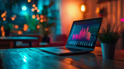 Fototapete - Laptop with data analytics graph in a cozy workspace