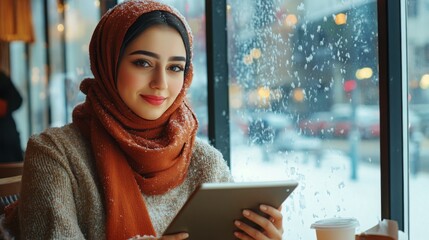Aufkleber - A young woman wearing a warm sweater and a scarf sits at a cafe table, smiling while using a tablet. Snowflakes fall gently outside the windows, creating a cozy winter atmosphere.
