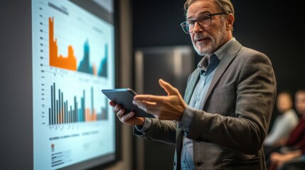 Poster - A business expert is presenting a detailed data analysis on a screen while using a tablet. The audience appears engaged, listening attentively in a professional workshop setting.
