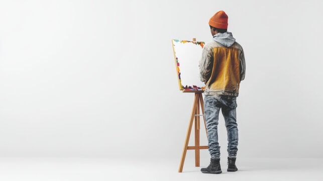 3D depiction of a Black student with an art easel, white background,
