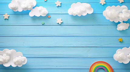 Wall Mural - children or baby background, white clouds with rainbow on the blue wooden background.