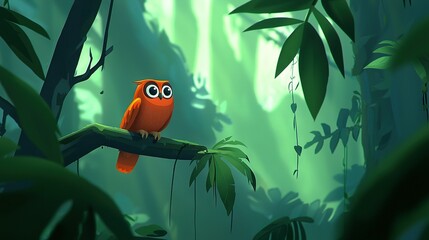 Sticker -   An orange owl perched high atop a lush branch in a dense forest of emerald leaves