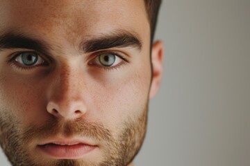 Close-up head shot of a confident young man with striking green eyes and focused expression against a neutral background