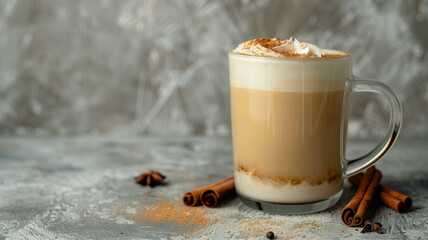 delicious cappuccino with cinnamon in a transparent glass mug on a gray background