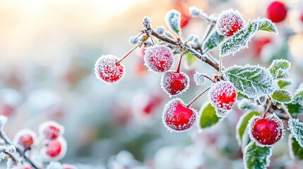 Wall Mural -   Berries on ice-covered branch, with leafy background, close-up of berries in foreground Blurry background