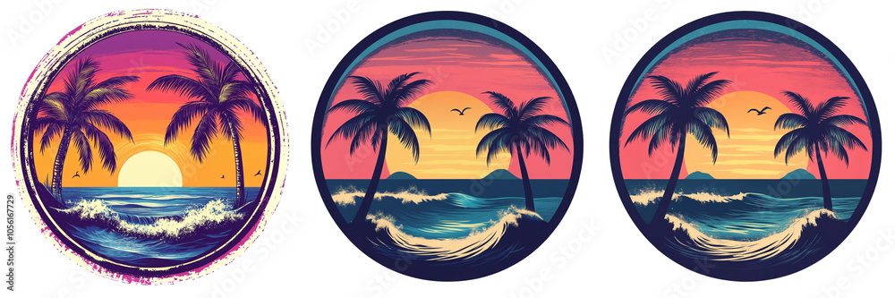 set of A Tropical sunset with palm trees and wave logo 2D vector ...