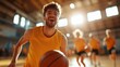 © Lens Legacy - A joyous basketball player in mid-dribble displays enthusiasm and energy as he participates in an indoor game surrounded by teammates under warm sunlight in a gym.