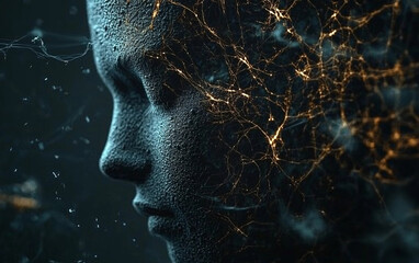 A thoughtful figure with an intricate web of light during a serene digital creation