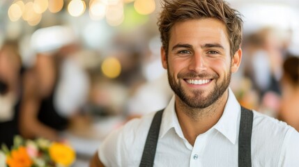 A cheerful young man in a white shirt enjoys a social gathering amidst bright decorative arrangements, exuding a lively and welcoming atmosphere full of energy.