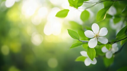 A beautiful close-up of white flowers blooming on a branch set against a lush green garden background, symbolizing tranquility and nature's elegance.