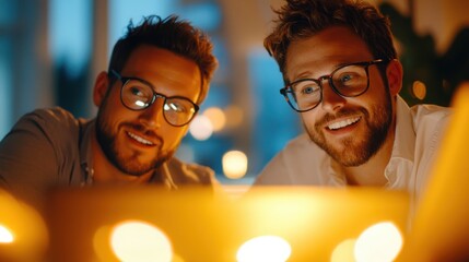 Two young men gazing intently at a glowing screen, creating a warm ambiance in a cozy indoor setting, highlighting a moment of technology-driven engagement.