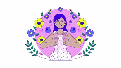 Poster - South asian feminist movement of pink ribbon 2D animation. Breast cancer solidarity 4K video motion graphic. Indian young woman femininity animated character cartoon flat concept, white background