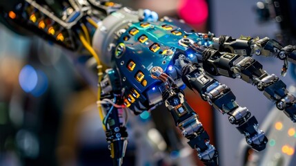Poster - robotic arm reaches out in a tech setting, showcasing advancements in ai and robotics with glowing l