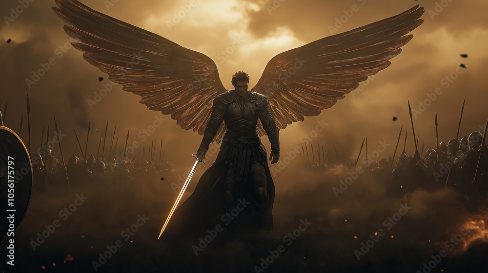 Bathed in golden light, the archangel exudes power with fiery wings ...