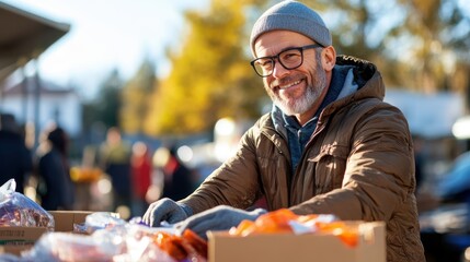 A smiling man, wearing a warm jacket and hat, tends to produce at an outdoor market, capturing the joy of community, warmth, and seasonal abundance.