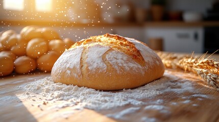 Freshly baked bread with flour dusting in warm sunlight, homemade loaf on wooden kitchen table, golden crust, artisan bakery style, rustic atmosphere, breadmaking, traditional baking