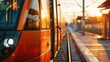 © Leo - Sunlit orange tram at modern urban station during sunset