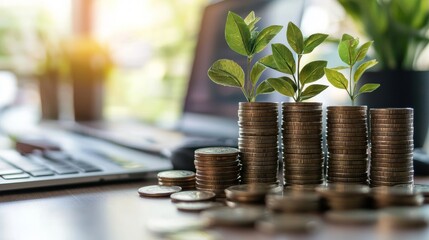 Stacks of coins with green plants symbolizing financial growth