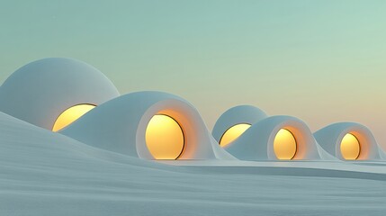 Poster - Futuristic domes glow warmly against a serene desert backdrop at sunset, AI