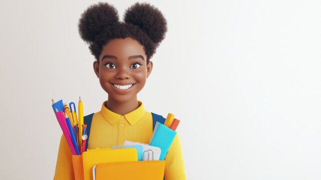 Vibrant 3D rendering of a Black student with school supplies,
