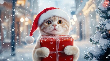 Portrait pet in christmas theme wallpaper, cat wearing Santa attire with a present in paw captivates festival.