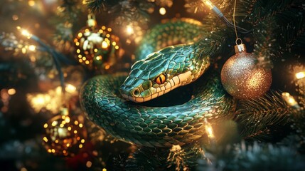 Poster - A vibrant green snake is coiled around a Christmas tree, accentuating the colorful golden ornaments and glimmering lights. The holiday setting adds a unique charm to the natural scene.