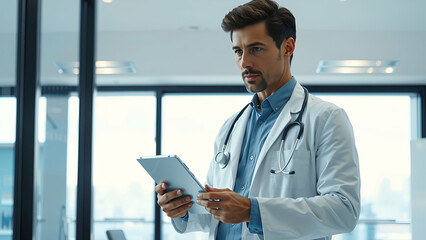 Doctor holding digital tablet at meeting room