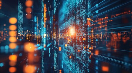 Abstract digital data flow with binary code and glowing lights