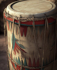 Native American Powwow drum, close up detail, natural dramatic light and shadow