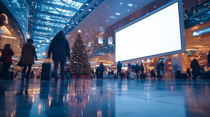 Poster - People with luggage walk past a tall Christmas tree in a busy airport terminal, showcasing holiday cheer during winter