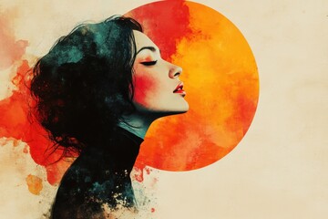 Aufkleber - retro minimalist illustration, minimalist background with vivid colors framing abstract retro woman artwork, leaving room for text